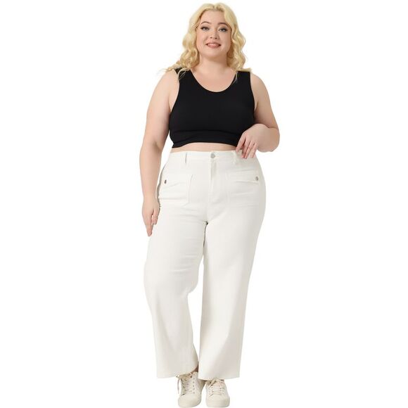 Plus Size Wide Leg Washed Stretch With Pockets Palazzo Pants Denim Jeans White - Picture 3 of 5
